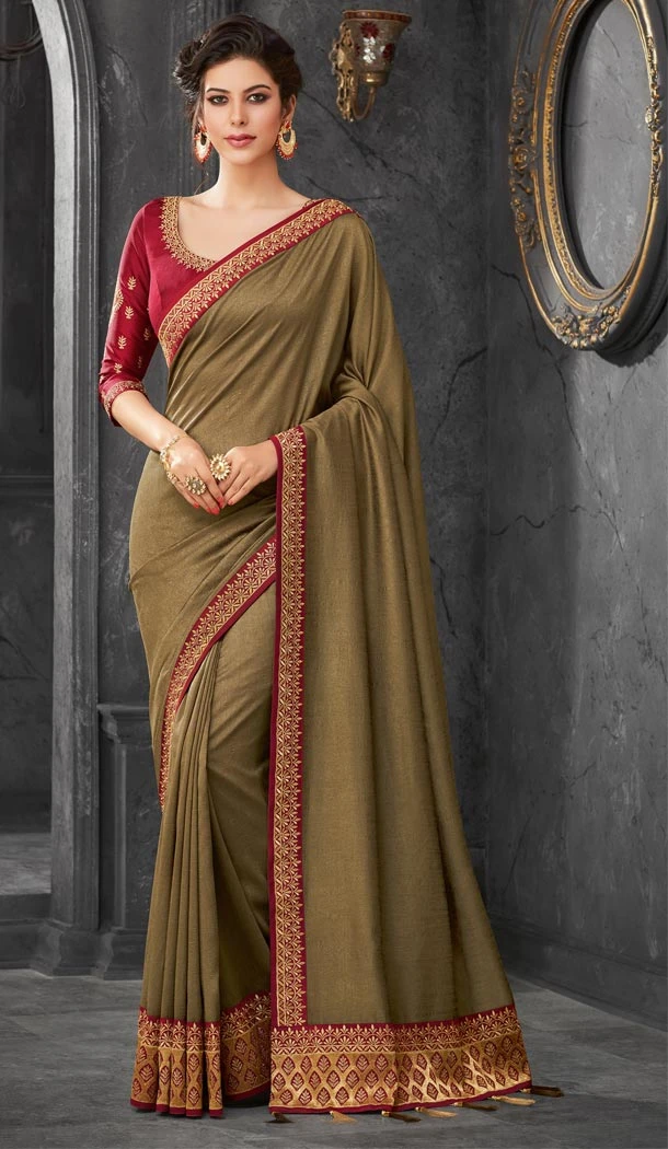 Mehendi Green Color Silk Embroidery Traditional Party Sarees - 419051034