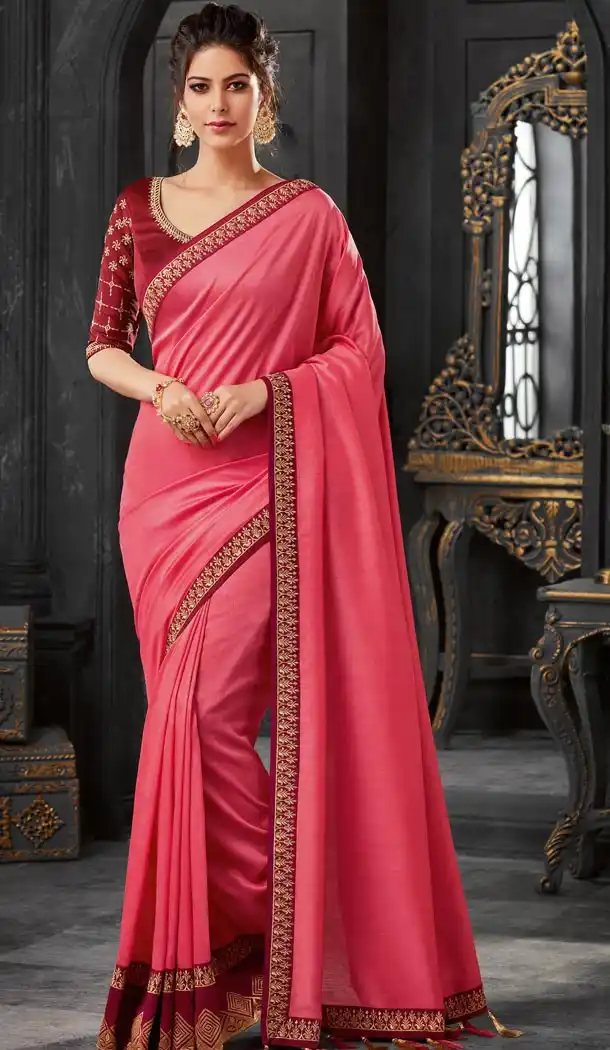 Captivating Pink Color Silk Embroidery Traditional Party Sarees