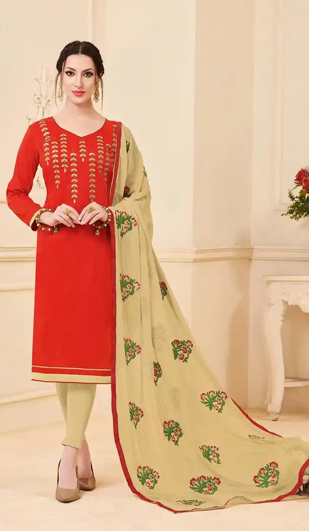 Attractive Red Color Bangalori Slub Casual Wear Salwar Kameez - 419851134