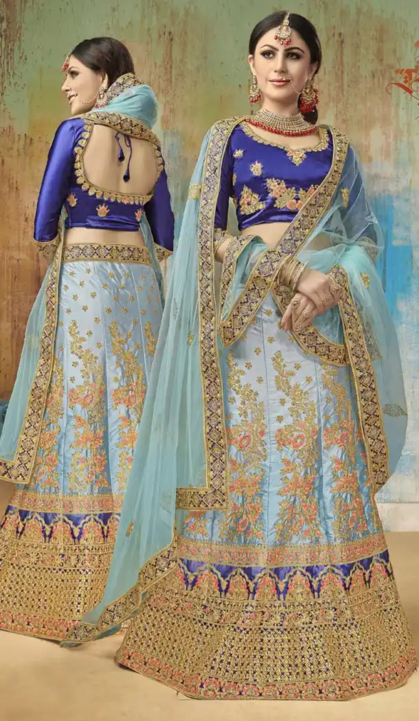 Sky Blue Satin Silk Traditional Designer Lehenga Choli - 422551443