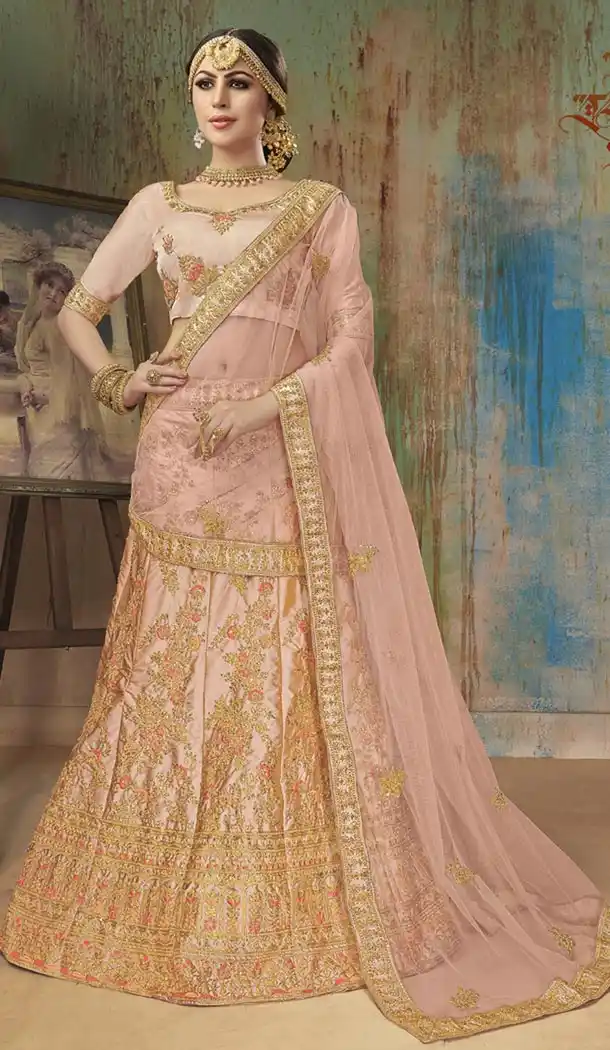 Creamy Pink Satin Silk Traditional Designer Lehenga Choli - 422551444