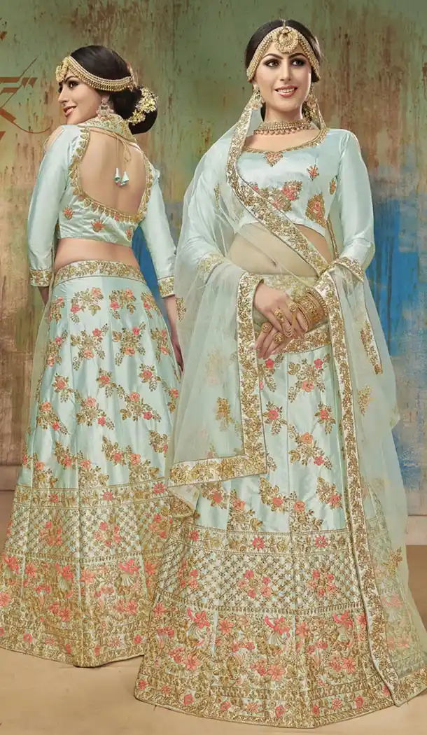 Creamy Sky Satin Silk Traditional Designer Lehenga Choli - 422551446