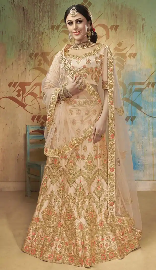 Cream Satin Silk Traditional Designer Lehenga Choli - 422551447