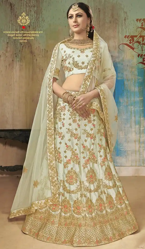 Creamy Aqua Green Satin Silk Traditional Designer Lehenga Choli - 422551449