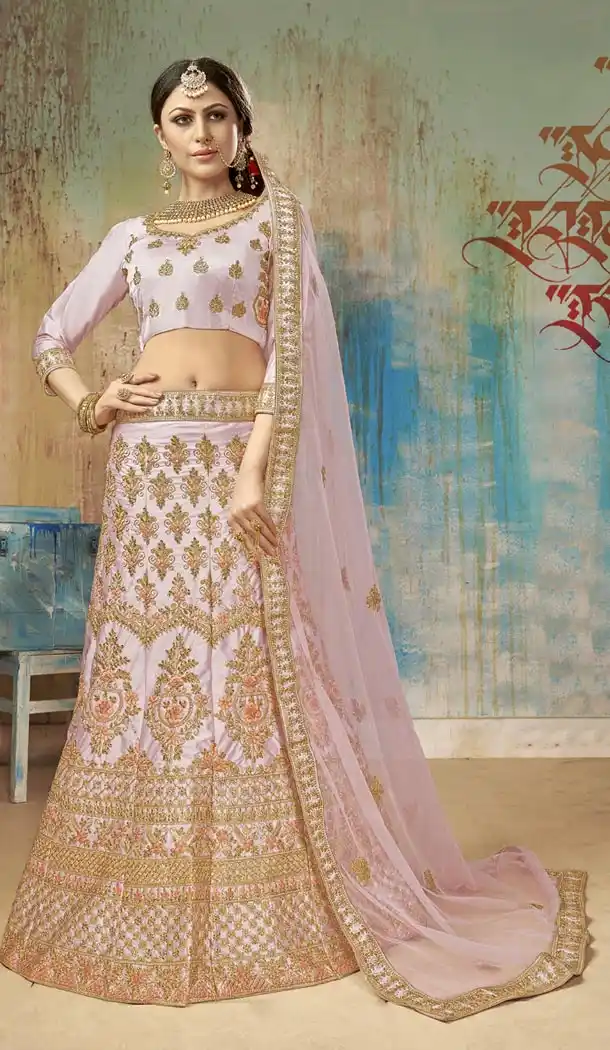 Creamy Violet Satin Silk Traditional Designer Lehenga Choli - 422551451