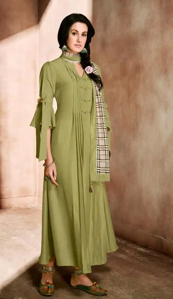 Ethnic Olive Color Maslin Designer Wear Long Readymade Kurtis - 422651452