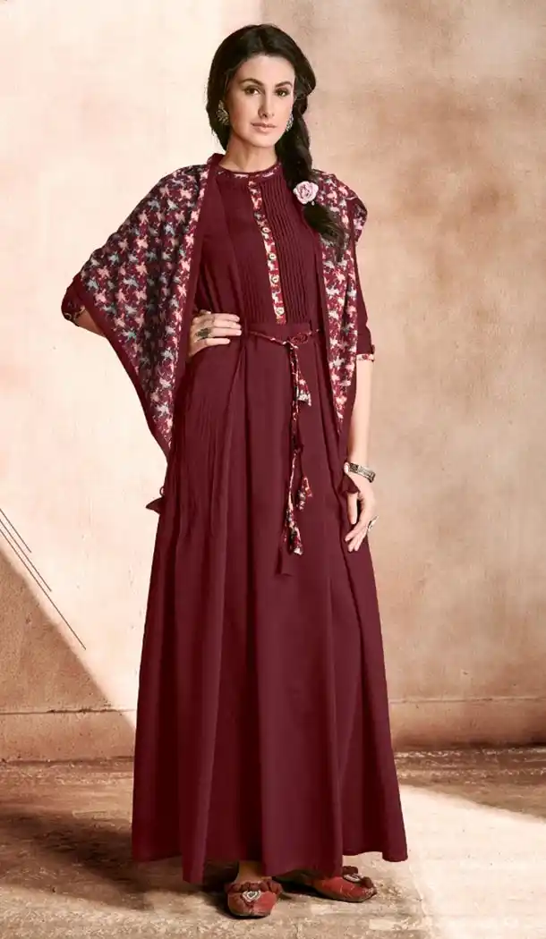 Classy Maroon Color Maslin Designer Wear Long Readymade Kurtis - 422651454