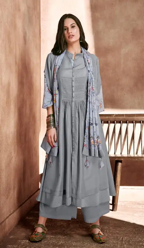 Grey Color Maslin Designer Wear Long Readymade Kurtis - 422651457