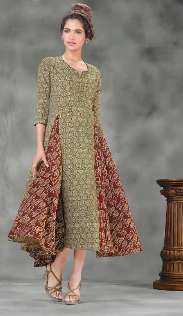 Mehendi Green Color Georgette Designer Wear Long Readymade Kurtis - 423051528