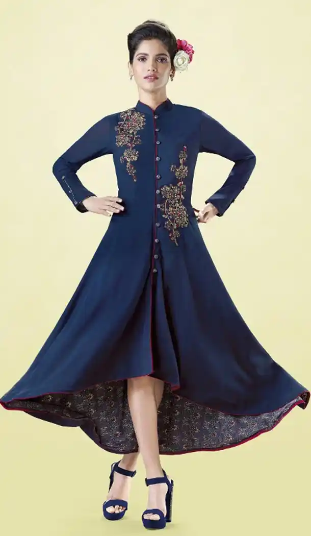 Luscious Navy Blue Color Georgette Designer Wear Long Readymade Kurtis - 423051534