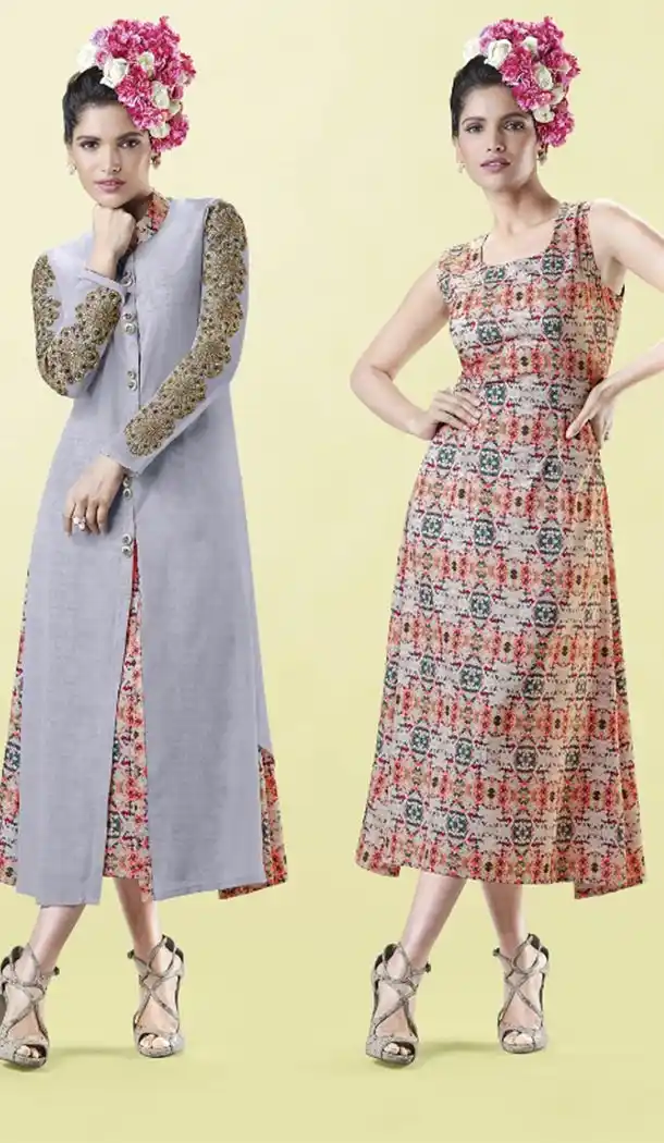 Grey and Multi Color Georgette Designer Wear Long Readymade Kurtis - 423051535