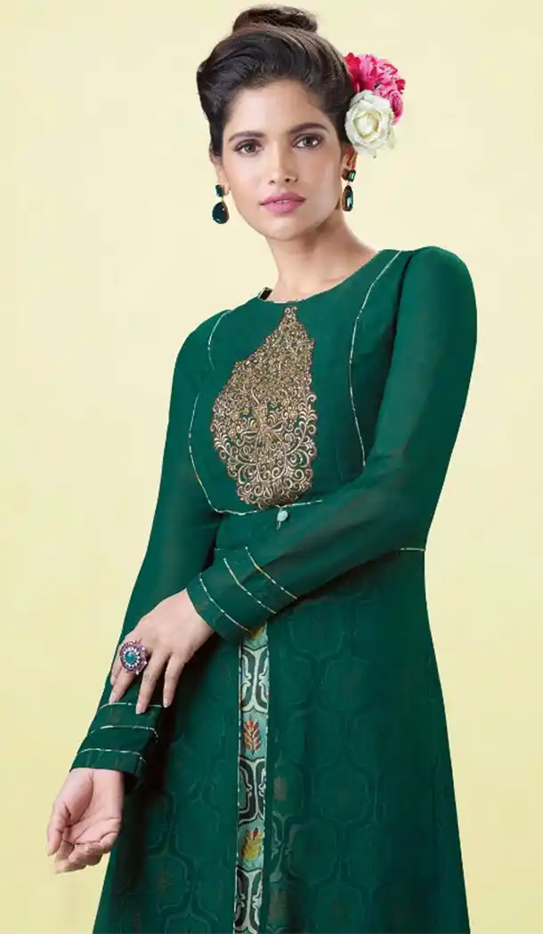 Forest Green Color Georgette Designer Wear Long Readymade Kurtis - 423051536
