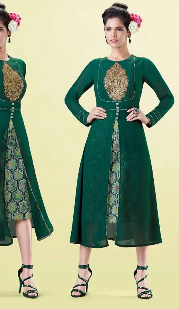 Forest Green Color Georgette Designer Wear Long Readymade Kurtis - 423051536