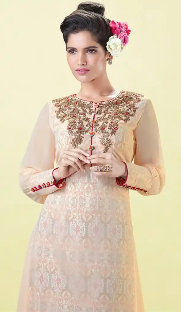 Classy Cream Color Georgette Designer Wear Long Readymade Kurtis - 423051538