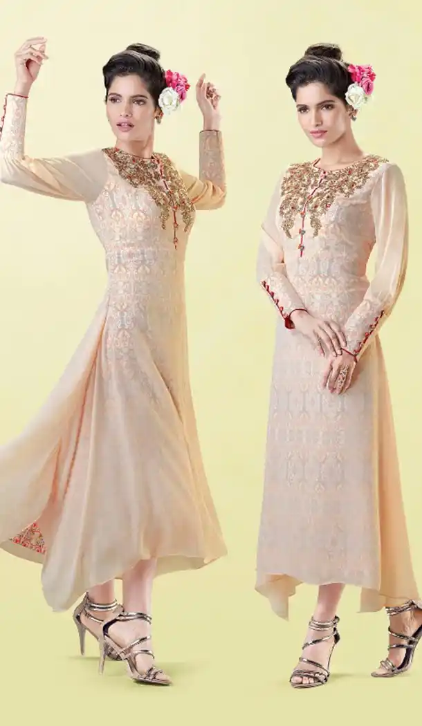 Classy Cream Color Georgette Designer Wear Long Readymade Kurtis - 423051538