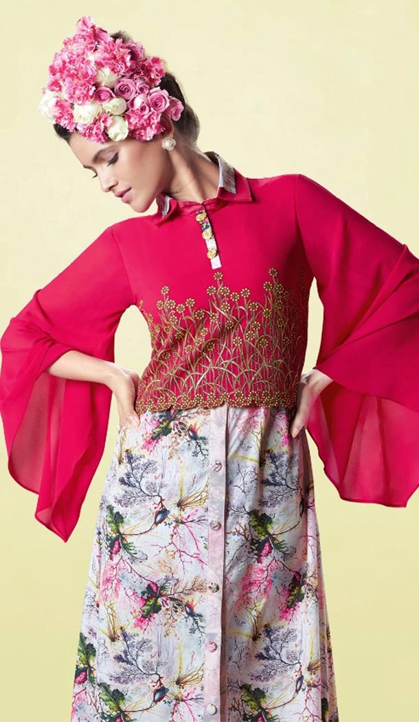 Gorgeous Red Color Georgette Designer Wear Long Readymade Kurtis - 423051539