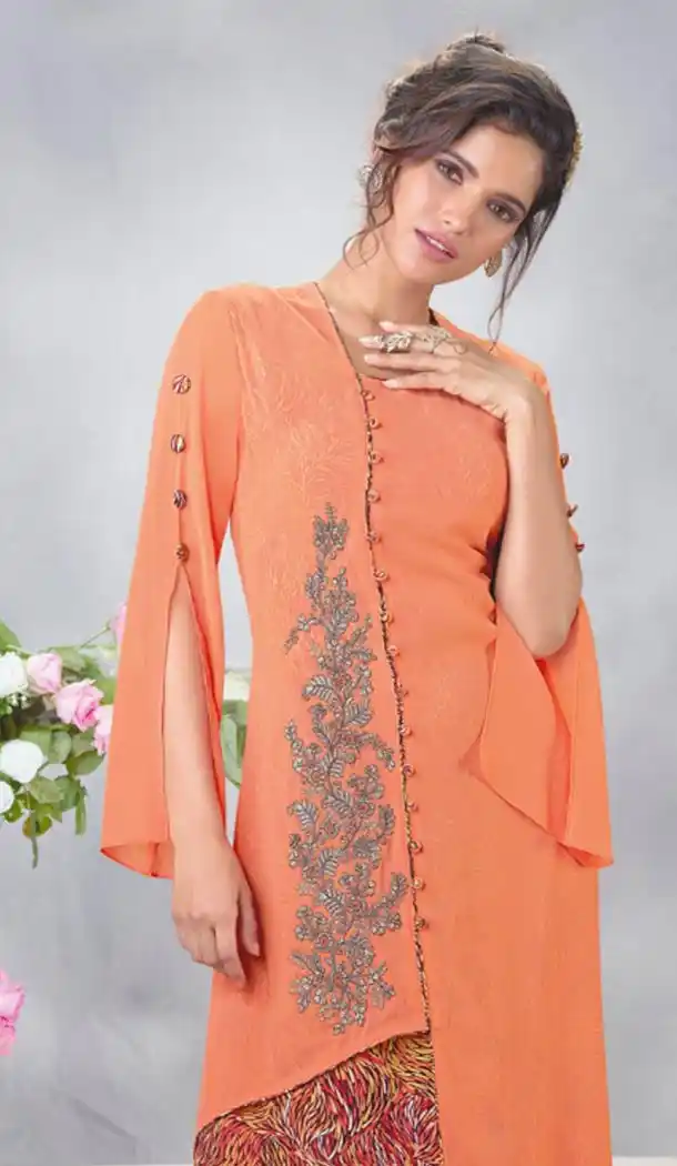 Aesthetic Orange Color Georgette Designer Wear Long Readymade Kurtis - 423051541