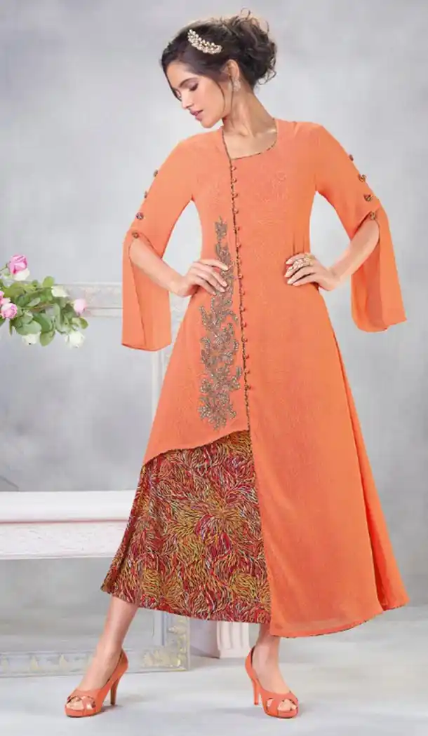 Aesthetic Orange Color Georgette Designer Wear Long Readymade Kurtis - 423051541