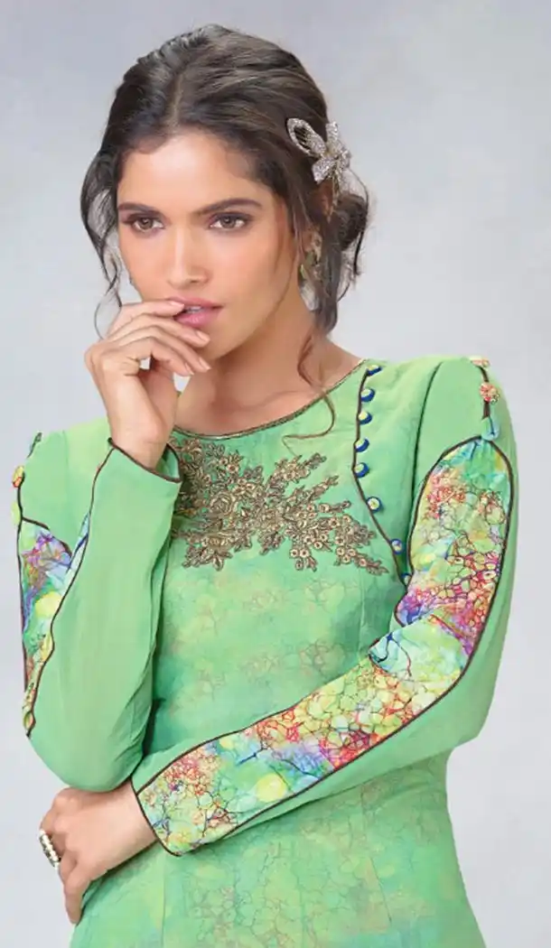 Vivacious Green Color Georgette Designer Wear Long Readymade Kurtis - 423051542