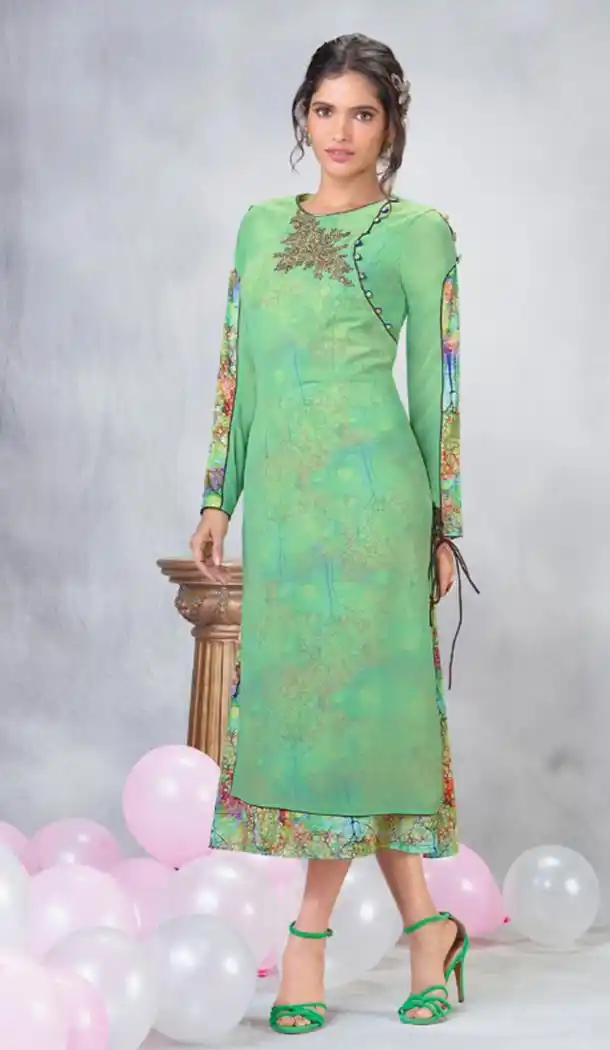 Vivacious Green Color Georgette Designer Wear Long Readymade Kurtis - 423051542