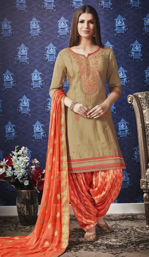 Bronze Color Jam Silk Cotton Punjabi Style Casual Patiyala Salwar Kameez - 422151370