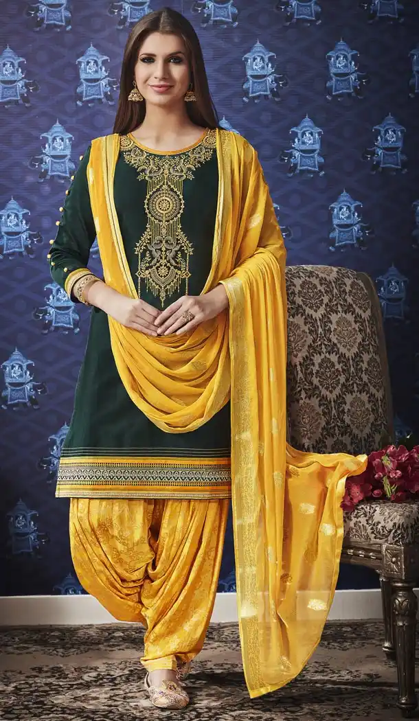 Forest Green Color Jam Silk Cotton Punjabi Style Casual Patiyala Salwar Kameez - 422151371