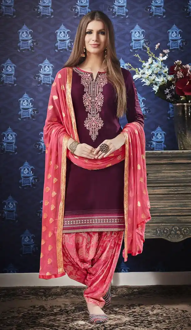 Redviolet Color Jam Silk Cotton Punjabi Style Casual Patiyala Salwar Kameez - 422151372