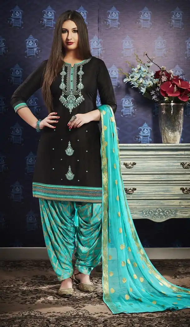 Black Color Jam Silk Cotton Punjabi Style Casual Patiyala Salwar Kameez - 422151373