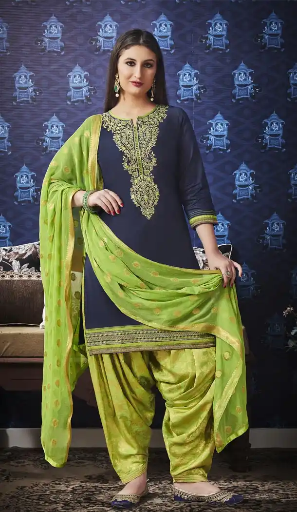 Dark Blue Color Jam Silk Cotton Punjabi Style Casual Patiyala Salwar Kameez - 422151374
