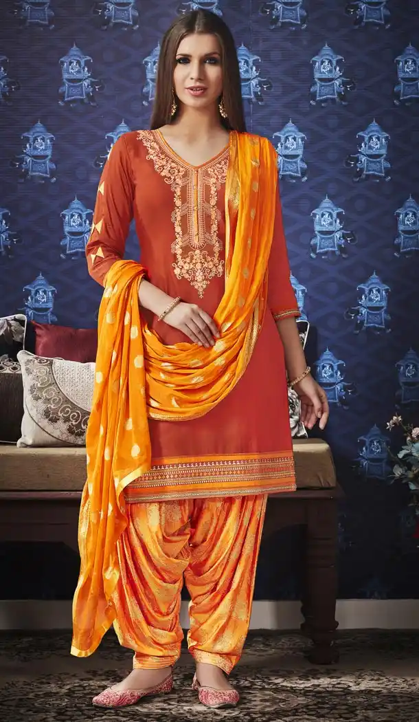 Red Color Jam Silk Cotton Punjabi Style Casual Patiyala Salwar Kameez - 422151375