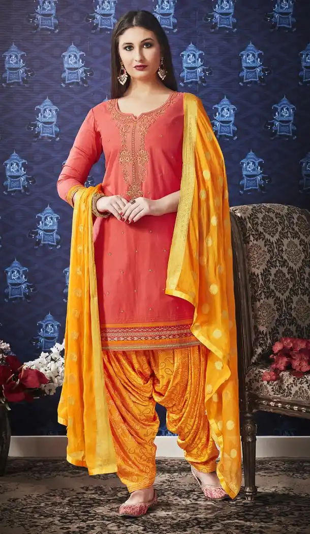 Peach Color Jam Silk Cotton Punjabi Style Casual Patiyala Salwar Kameez - 422151377