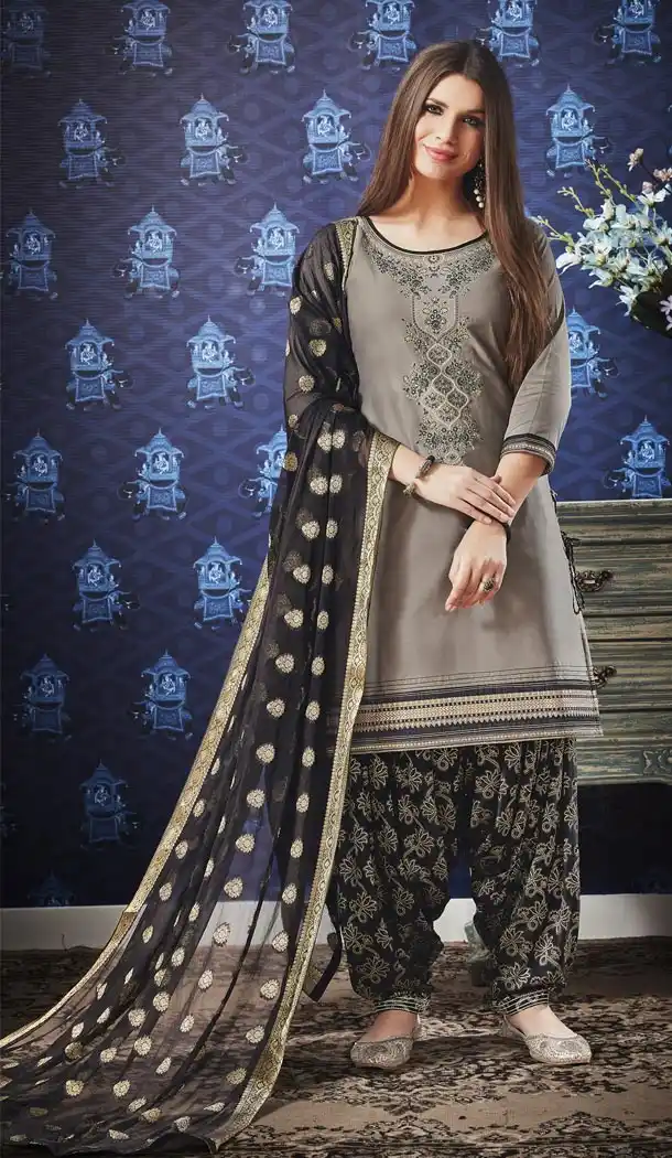 Grey Color Jam Silk Cotton Punjabi Style Casual Patiyala Salwar Kameez - 422151378
