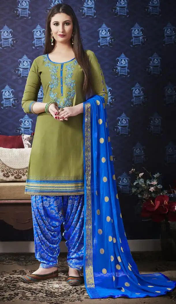 Khaki Green Color Jam Silk Cotton Punjabi Style Casual Patiyala Salwar Kameez - 422151379