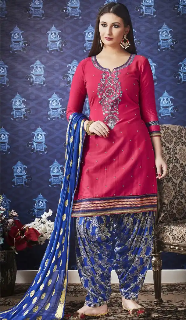 Red Color Jam Silk Cotton Punjabi Style Casual Patiyala Salwar Kameez - 422151380