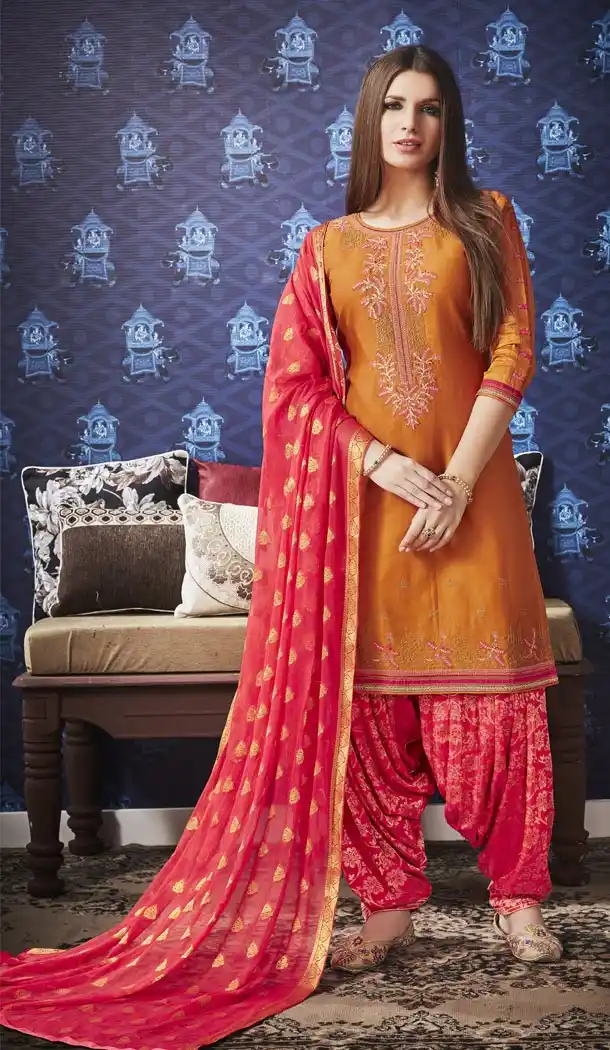 Orange Color Jam Silk Cotton Punjabi Style Casual Patiyala Salwar Kameez - 422151381