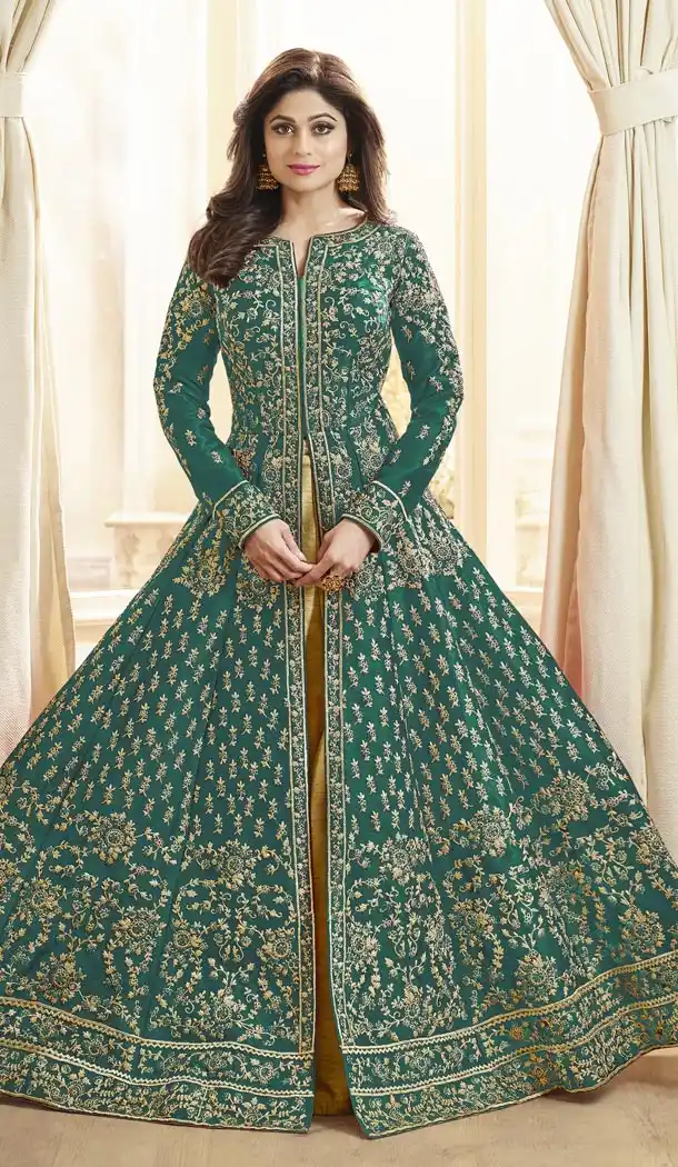 Shilpa Shetty Kundra Green Color Mulberry Silk Designer Gown - 421651325