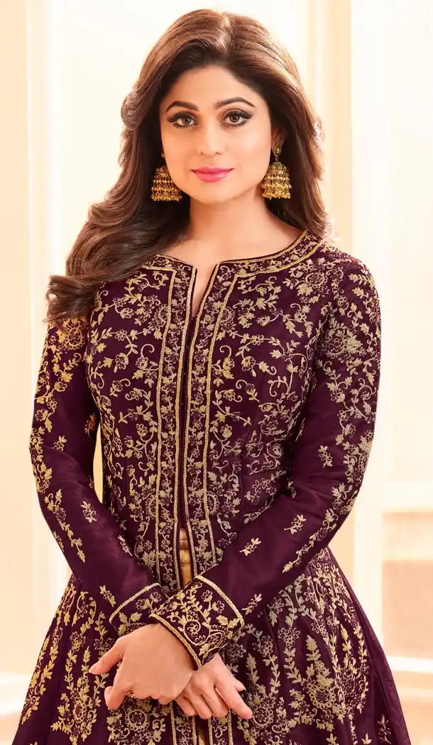 Shilpa Shetty Kundra Purple Color Mulberry Silk Designer Gown - 421651326