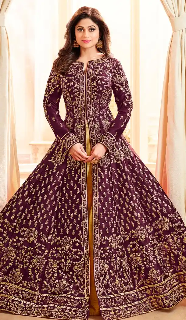 Shilpa Shetty Kundra Purple Color Mulberry Silk Designer Gown - 421651326