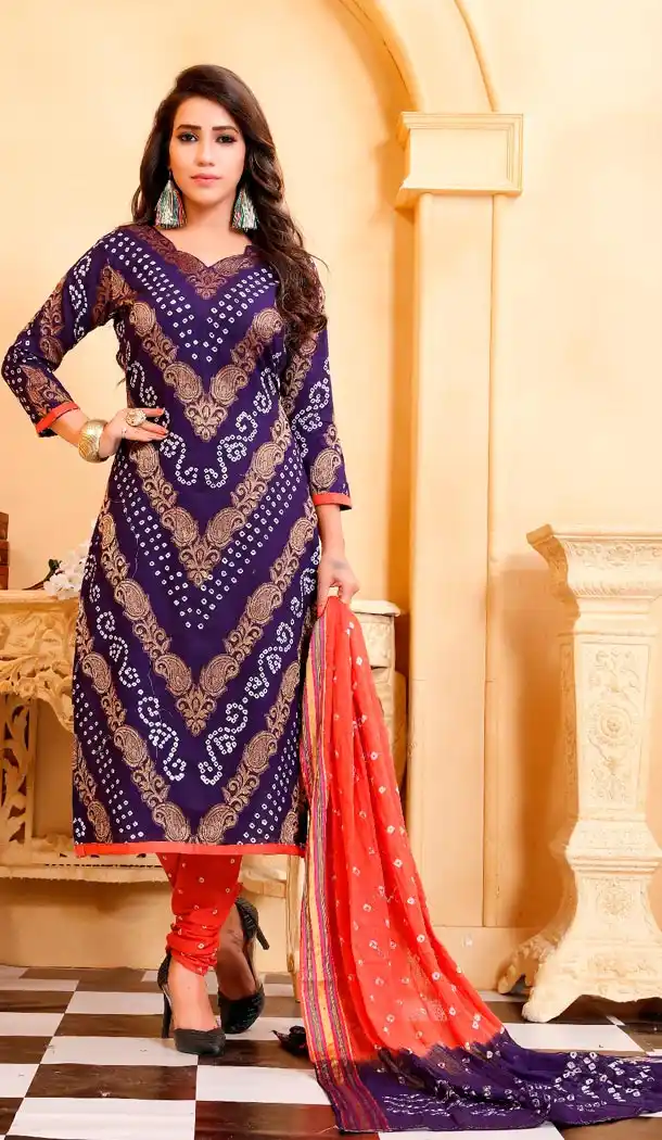 Blue Color Satin Cotton Casual Wear Bandhani Salwar Kameez - 423251560