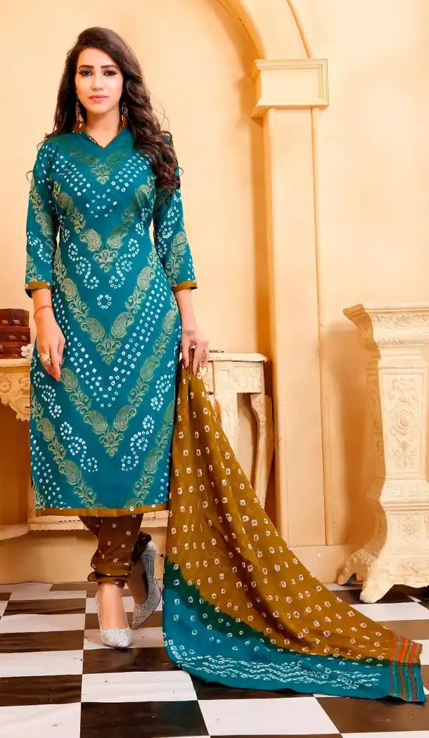 Firoji Color Satin Cotton Casual Wear Bandhani Salwar Kameez - 423251561