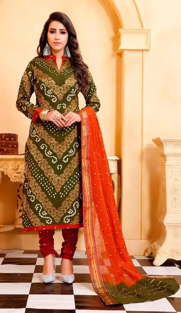 Green Color Satin Cotton Casual Wear Bandhani Salwar Kameez - 423251562