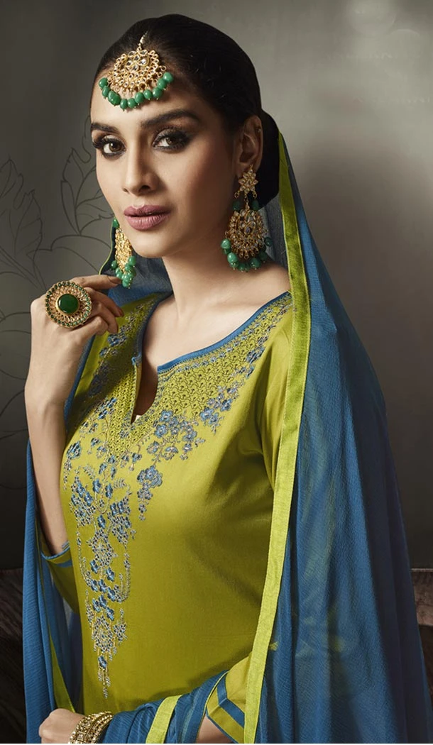 Olive Green Color Jam Silk Cotton Party Wear Lehenga Suit - 423851594