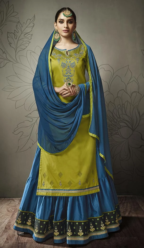 Olive Green Color Jam Silk Cotton Party Wear Lehenga Suit - 423851594