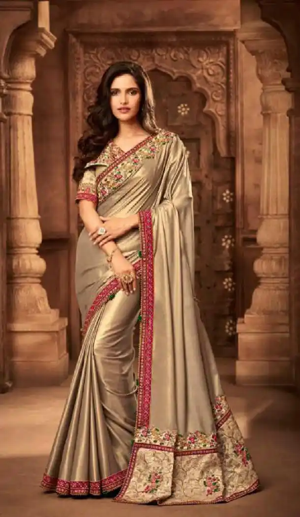 Two Tone Beige Color Silk Heavy Embroidery Traditional Saree - 421951343