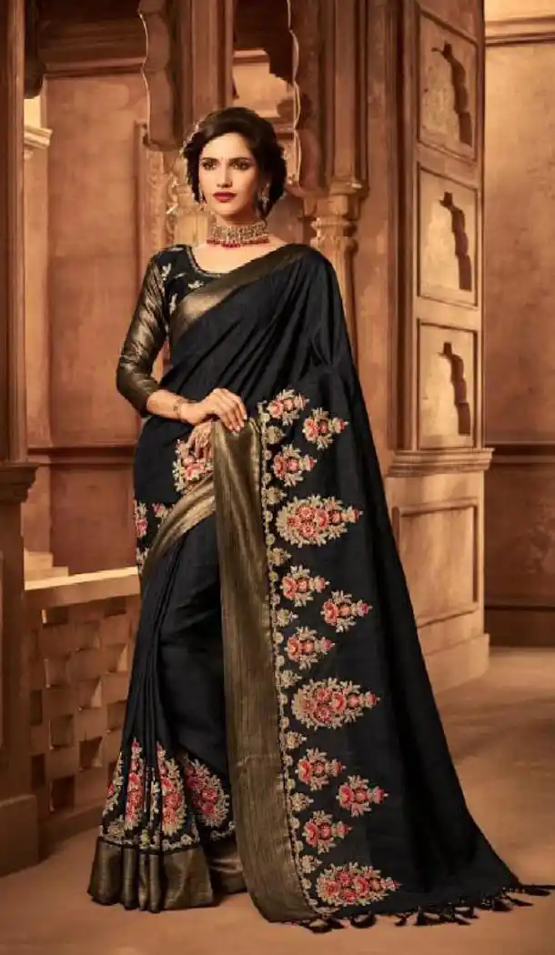 Black Color Silk Heavy Embroidery Traditional Saree - 421951345