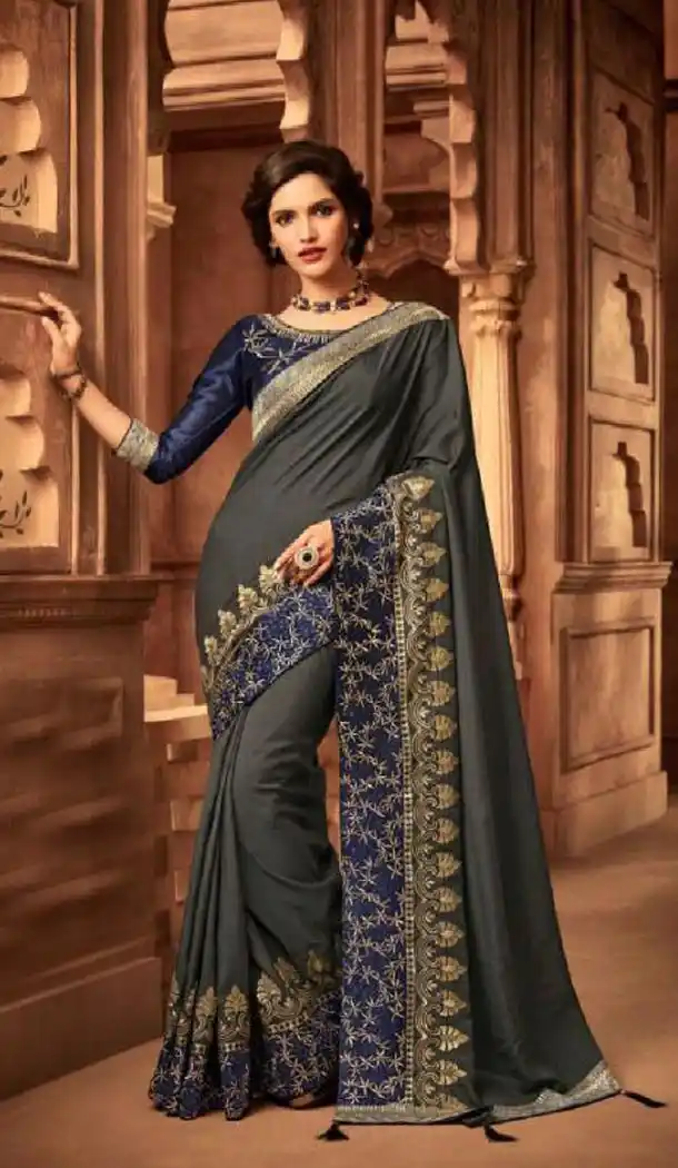 Dark Grey Color Silk Heavy Embroidery Traditional Saree - 421951348