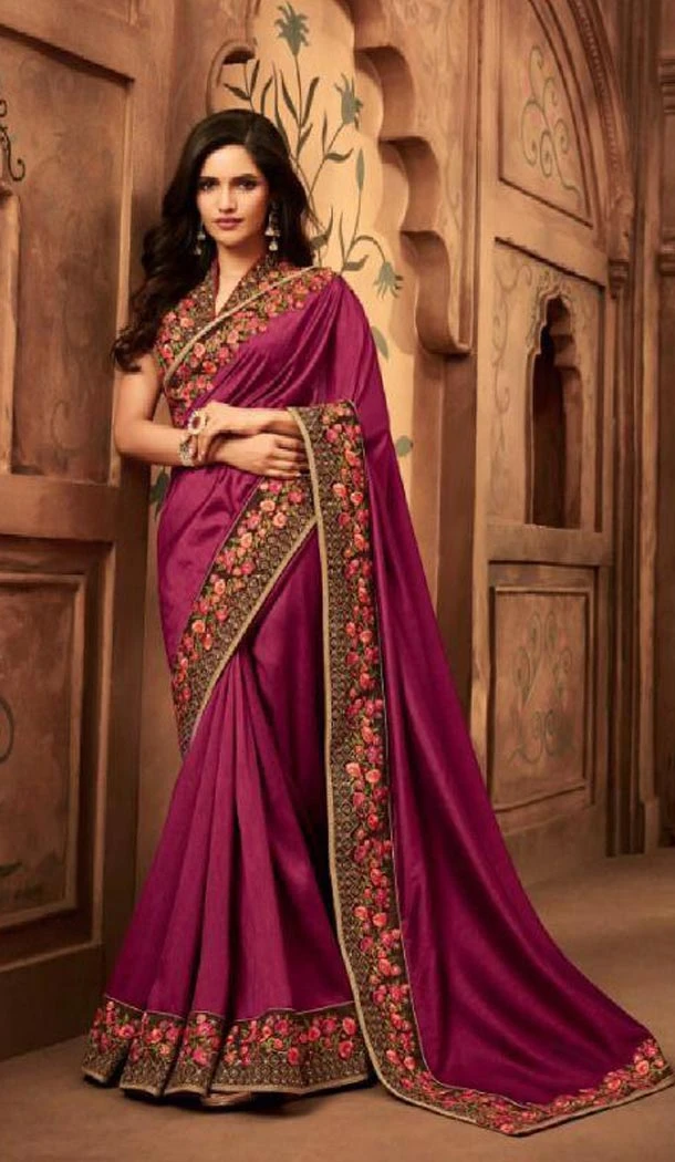 Ethnic Violet Color Silk Heavy Embroidery Traditional Saree - 421951350