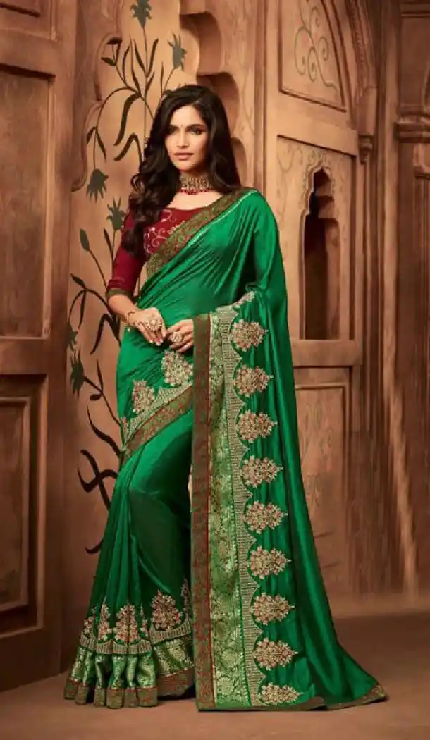 Two Tone Green Color Silk Heavy Embroidery Traditional Saree - 421951354