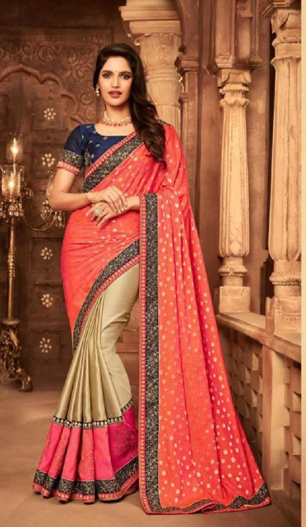 Orange And Beige Color Silk Heavy Embroidery Traditional Saree - 421951356