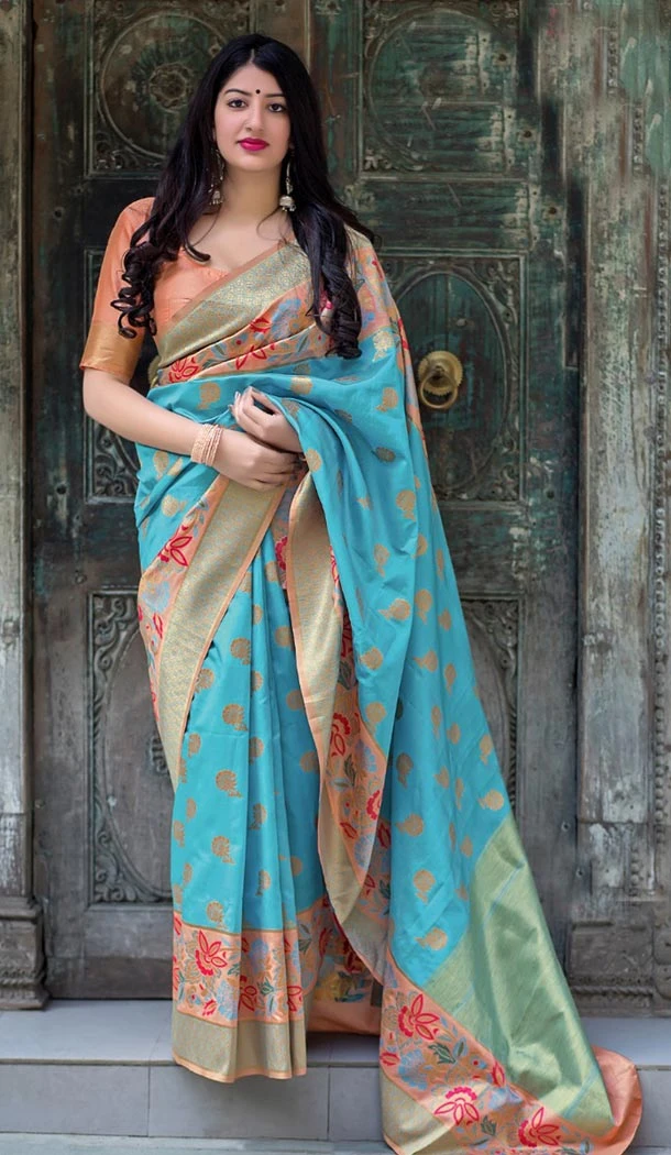 Sky Blue Color Pure Jamdani Silk Designer Wear Saree Blouse - 423951605